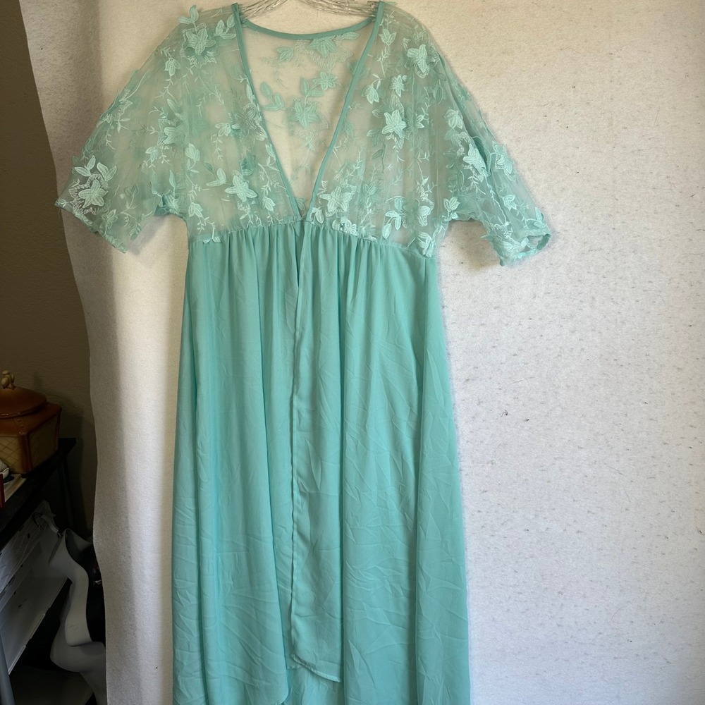 VTG Mint Green‎ Floral Embroidered Mesh Sheer Open Maxi Robe Gown Lingerie L